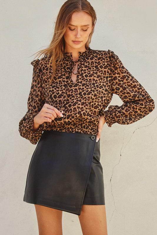 LEOPARD HIGH NECK RUFFLED BLOUSE