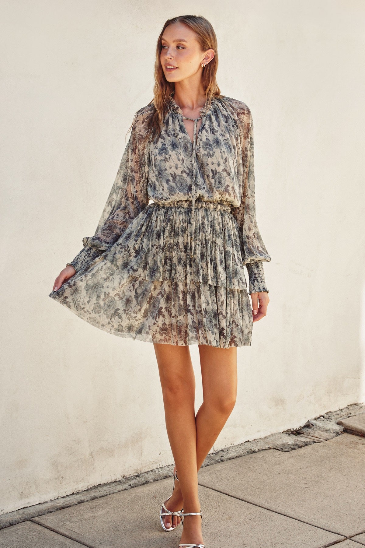 FLORAL LUREX CINCHED WAIST MINI DRESS