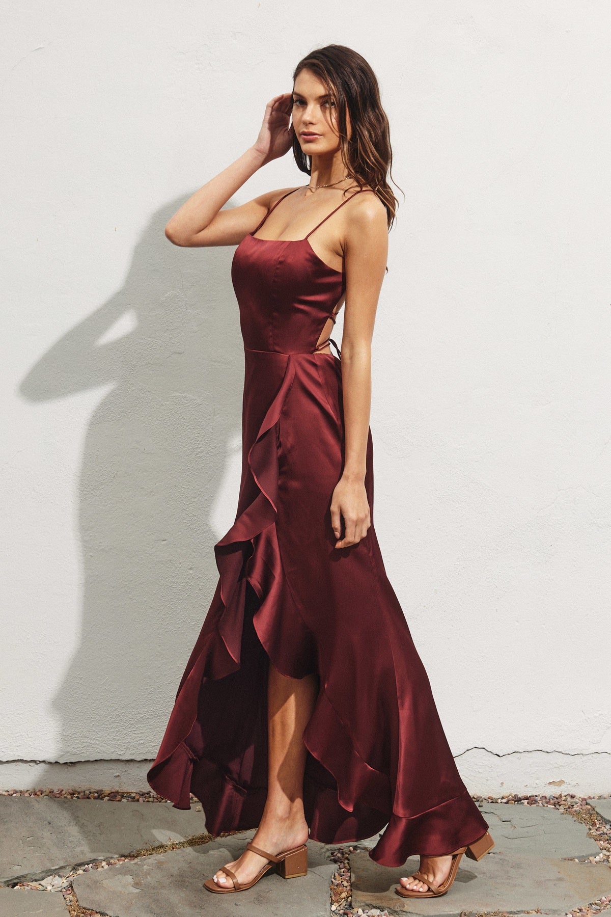 GOING OUT OPEN BACK RUFFLED MAXI DRESS