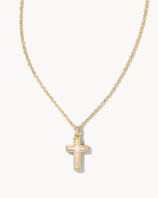 KENDRA SCOTT Cross Pendant Necklace in White Kyocera Opal